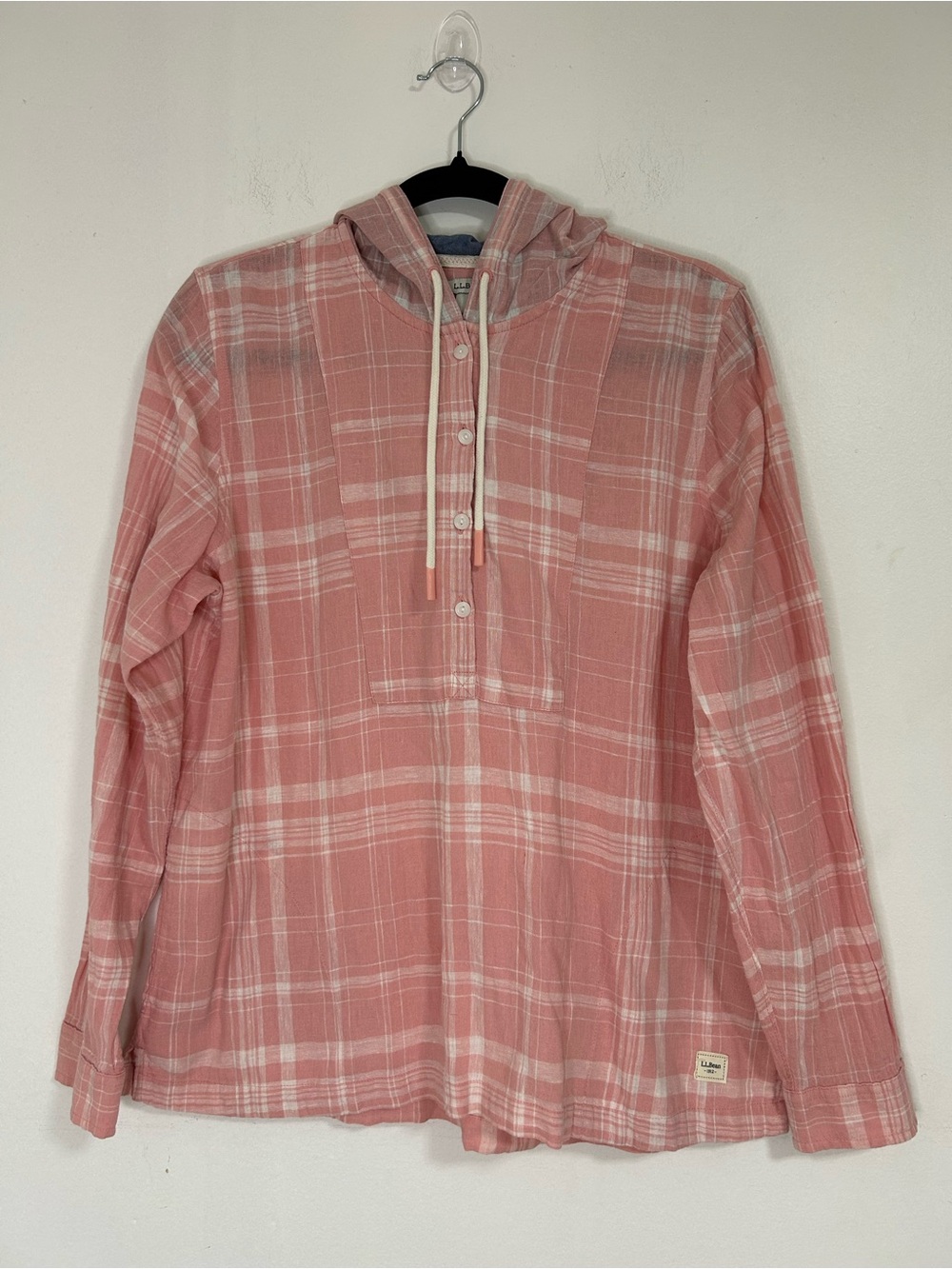 L.L.Bean Pink Plaid Linen Cotton Hooded Popover Shirt Women’s Medium Casual